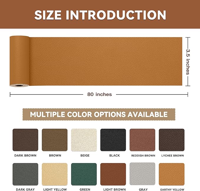 TIANLDD Leather Repair Tape,3.5 x 80 Inches Self Adhesive Leather Repair Patch，Leather Repair Kit for Furniture，Couches,Car Seats,Cabinets,Handbags(Yellowish Brown-Litchi Grain)