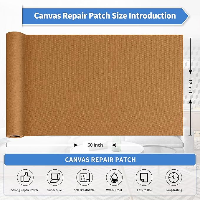 KING MOUNTAIN Canvas Repair Tape,Outdoor Gear Patch, 12×60 Inches,Waterproof,Self-Adhesive for Repairing Boat Covers,Sun Shades,Sofas,Tents,Lounge Chairs,Awnings (Light Brown)