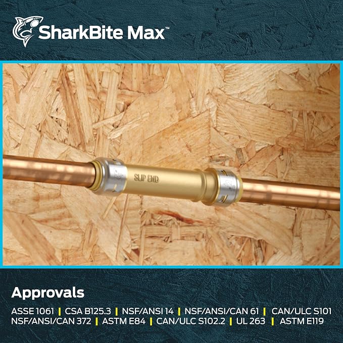 SharkBite Max 3/4 Inch Slip Coupling, Push to Connect Brass Plumbing Fitting, PEX Pipe, Copper, CPVC, PE-RT, HDPE, UR3016A
