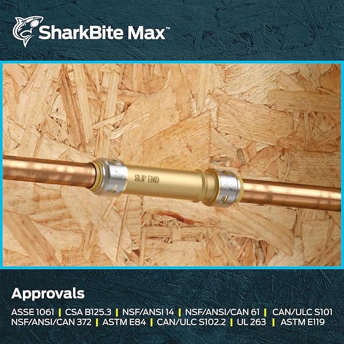 SharkBite Max 1/2 x 1/2 in Slip Coupling, Pack of 3, Push-to-Connect Brass Plumbing Fitting, UR3008