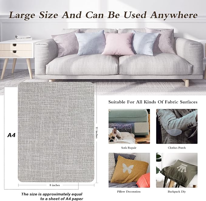 KING MOUNTAIN Fine Linen Fabric Patches, Self-Adhesive, 8x11 inch, 2 PCS, Multi Color, for Linen Sofa Repair (Light Grey 2.0)