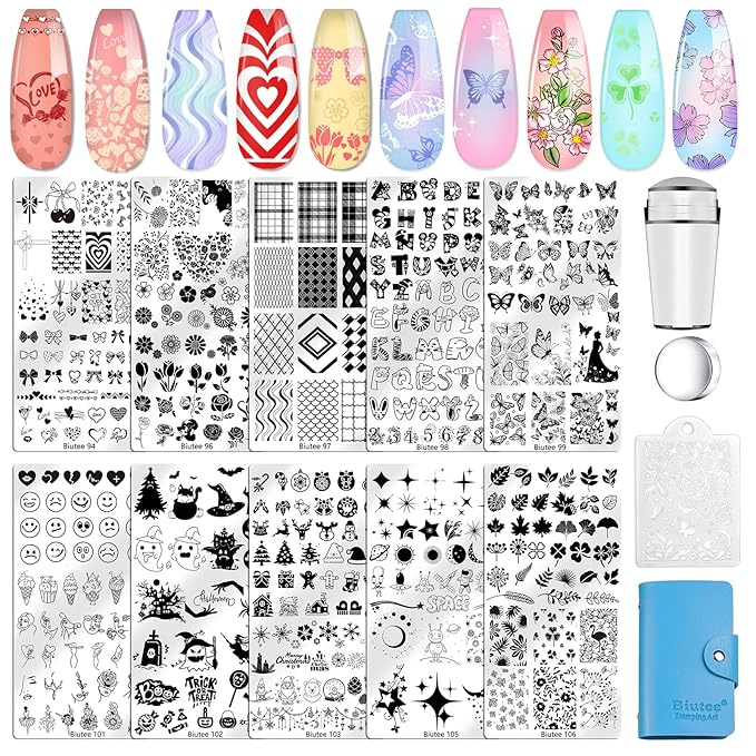 Biutee 10PCS Nail Art Stamping Plates Set Nail Stamper Kit with Nail Stamper Scraper and Storage Bag, Nail Stamp Plate Butterfly Starry Sky Flower Bowknot Design Nail Stamping Kit