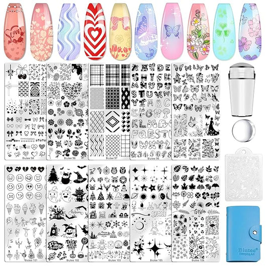 Biutee 10PCS Nail Art Stamping Plates Set Nail Stamper Kit with Nail Stamper Scraper and Storage Bag, Nail Stamp Plate Butterfly Starry Sky Flower Bowknot Design Nail Stamping Kit