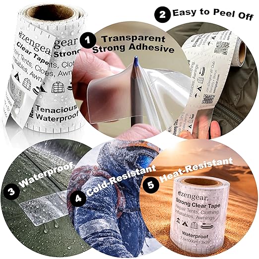 aZengear Clear Tenacious Waterproof Tape, TPU Patch Repair Kit for Tents, Jackets, Inflatables - Fix Rips in PVC, Furniture, Awnings, RV, Shoes