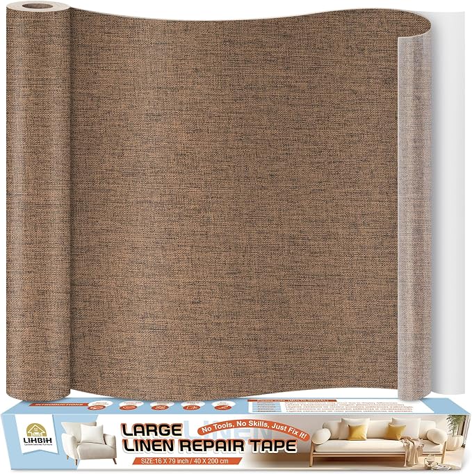 Linen Fabric Repair Tape 16x79 Inch, Self Adhesive Couch Patch Repair Fabric Tape for Furniture, Linen Patch Kit for Couch, Carpet, Upholstery, Chair, Sofa, Cushion, Bag (Brown)