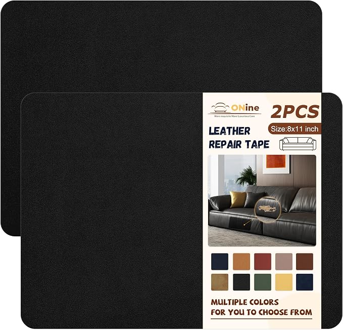 ONine Leather Repair Patch,Self-Adhesive Couch Patch,Multicolor Available Scratch Leather 8.3X11 Inch （2pcs） Peel and Stick for Sofas,Car Seats Backpack Jackets(Black-Fine Grain)