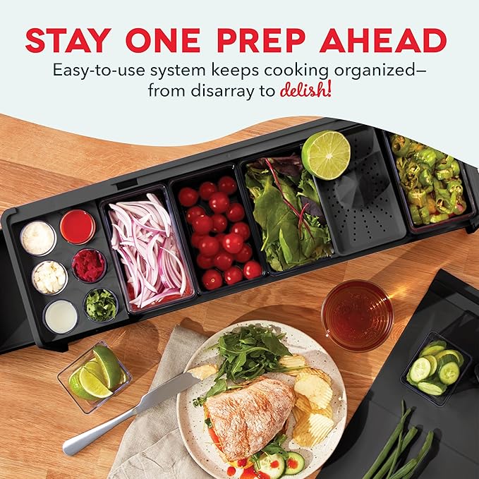 Prepdeck Gen 2 Recipe Prep & Storage Station - 8 Essential Tools + Deluxe Cutting Board, 14 Plastic Containers + Super-Seal Lids, Removable Trash Compartments, Tablet Stand Included - Midnight Black