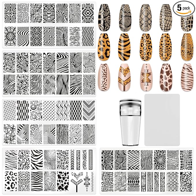 5Pcs Nail Stamping Plates Leopard Print Nail Stamps Nail Art Stamping Plates Nail Stencils Nail Plate Template Nail Art Stamping Kit Nails Accessories with 1 Nail Stamper, 1 Scraper