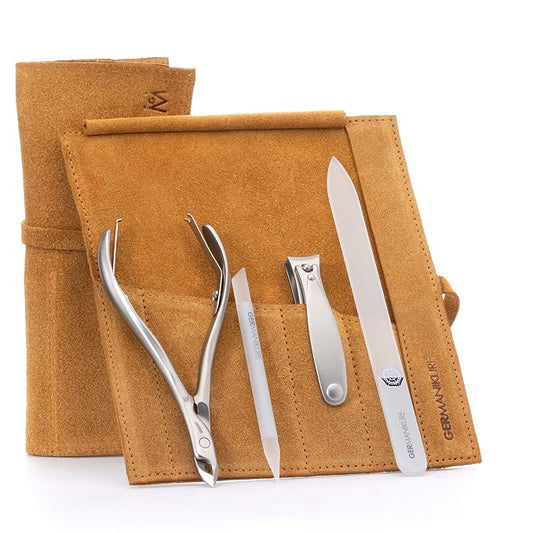 GERMANIKURE 4pc Manicure Set in Yellow Suede Case - FINOX Stainless Steel Tools Made in Germany, Glass Nail Care Supplies Made in Czech Republic – Professional Cuticle and Nail Care Kit