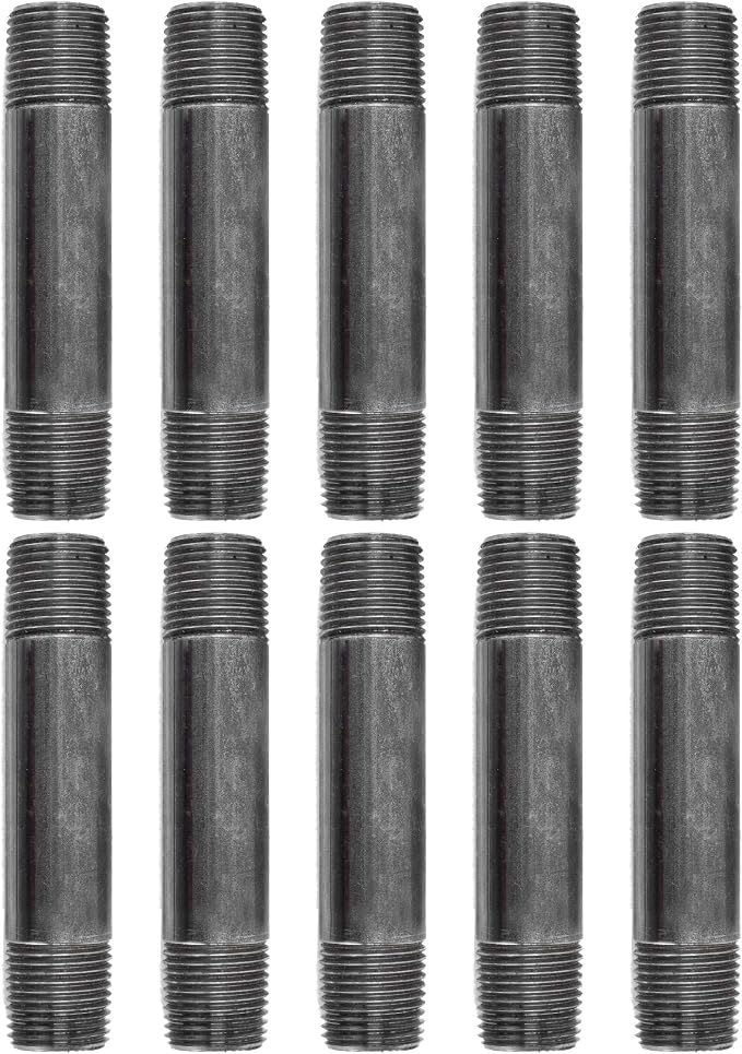 PIPE DÉCOR 1/2” x 4” Malleable Cast Iron Pipe Nipple, Pre Cut Connectors, Industrial Steel Grey Fits Standard Half Inch Black Threaded Pipes Nipples and Fittings, Build Vintage DIY Furniture, 10 Pack