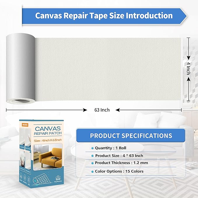 KING MOUNTAIN Canvas Repair Tape,Outdoor Gear Patch, 4×63 Inches,Waterproof,Self-Adhesive for Repairing Boat Covers,Sun Shades,Sofas,Tents,Lounge Chairs,Awnings (White1.0)