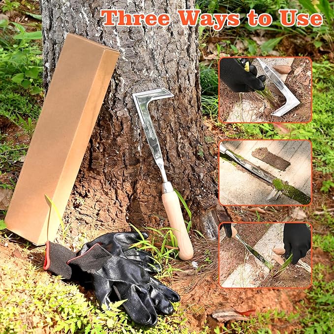 BokingOne 3-Sided Crevice Weeder - 12.6" Stainless Steel Garden Weeding Tool with Beech Handle, L-Shaped Crevice Weeder Sickle for Garden Lawn, Yard Patio Terrace, Paving Gaps