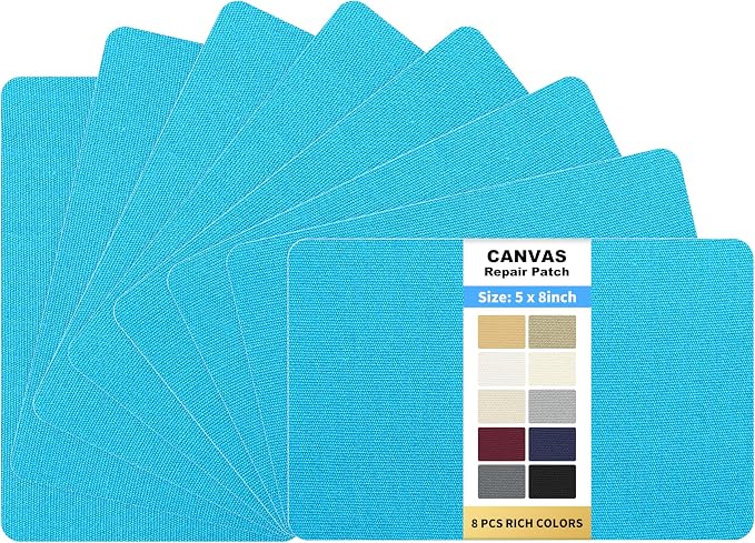 KING MOUNTAIN Canvas Repair Patch 5×8 Inch 8 Pcs Self-Adhesive Waterproof Fabric Patch for Sofas, Tents, Furniture,Tote Bags, Car Seats (Blue)