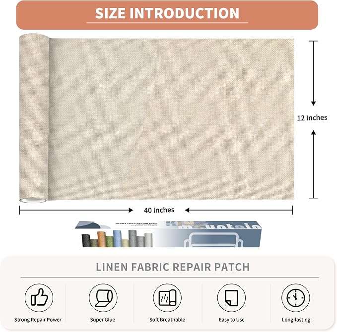 KING MOUNTAIN Coarse Linen Fabric Patches, Self-Adhesive, 12x40 Inch, Multi Color, for Sofa & Furniture Repair