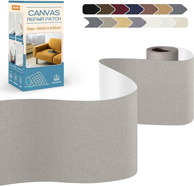 KING MOUNTAIN Canvas Repair Tape,Outdoor Gear Patch, 4×63 Inches,Waterproof,Self-Adhesive for Repairing Boat Covers,Sun Shades,Sofas,Tents,Lounge Chairs,Awnings (Light Grey)