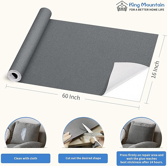 KING MOUNTAIN Canvas Repair Patch 16×60 Inch Self-Adhesive Waterproof Fabric Patch for Sofas, Tents, Furniture,Tote Bags, Car Seats (Charcoal Grey)