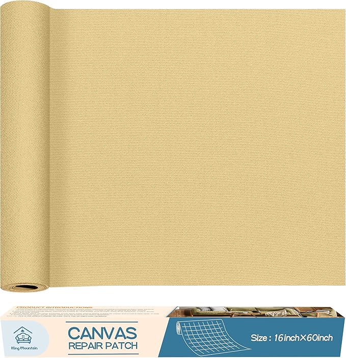 KING MOUNTAIN Canvas Repair Patch 16×60 Inch Self-Adhesive Waterproof Fabric Patch for Sofas, Tents, Furniture,Tote Bags, Car Seats (Beige-1)