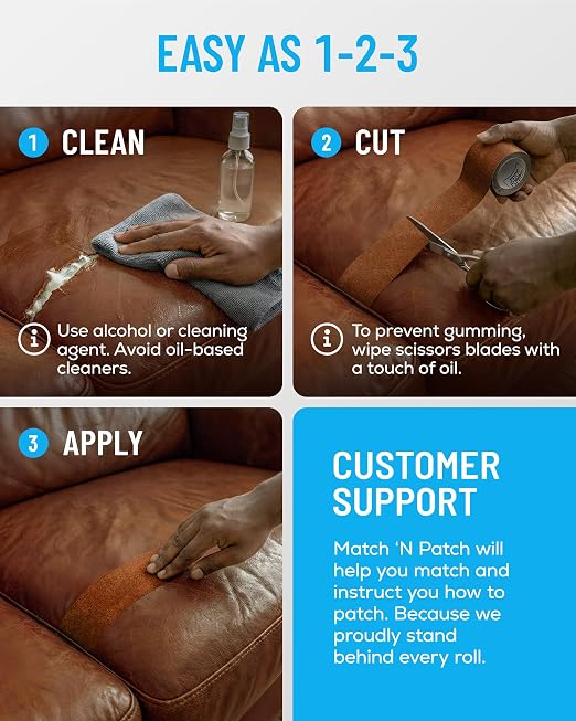 MATCH 'N PATCH Whiskey Leather Repair Tape, 2.25" x 15' for Furniture | Realistic Faux Leather Patches for Couch, Sofa, Upholstery, Car Seat & Other Furniture, Vinyl Repair Kit, Self Adhesive Patch