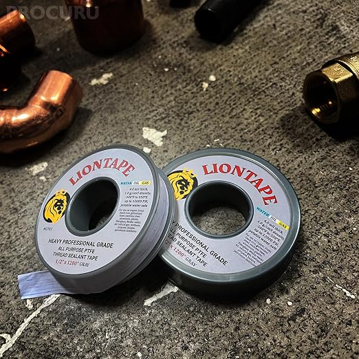 PROCURU Liontape G701 2-Pack 1/2" x 1200" (100-Ft) Heavy Duty Professional Teflon Tape, for Water/Oil/Gas, 4-Mil, High Density, Up to 12000 psi, Grey