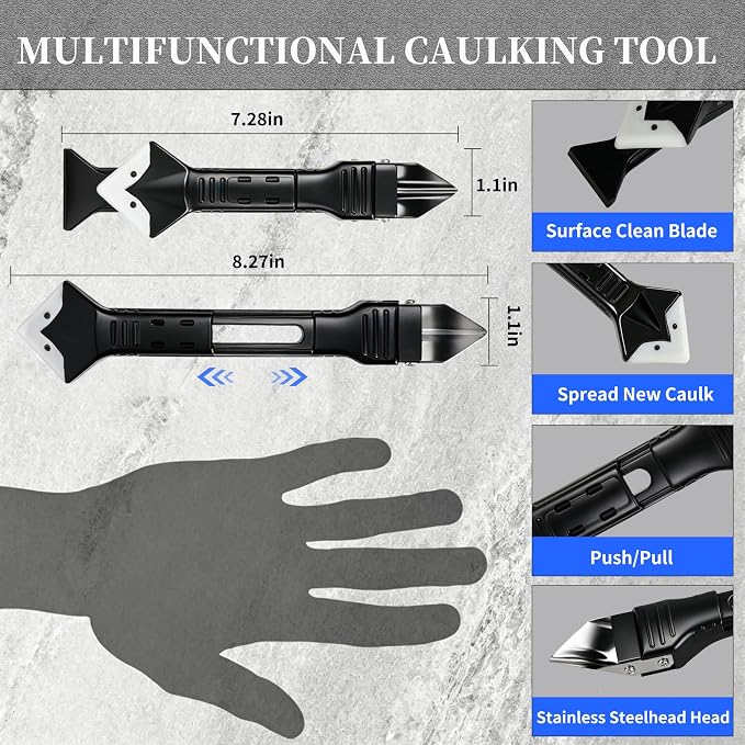3 in 1 Silicone Caulking Tool Kit, Professional Sealant Finishing Tool with Replaceable Silicone Pads, Caulk Removal Scraper, Easy Grout Filling & Residual Glue Clean for Kitchen Bathroom Window Sink