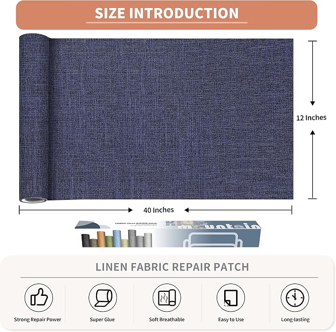 KING MOUNTAIN Fine Linen Repair Patches, 12" x 40" Self-Adhesive, Polyester, Rectangular, 1 Pack (Dark Blue, 1.0,)