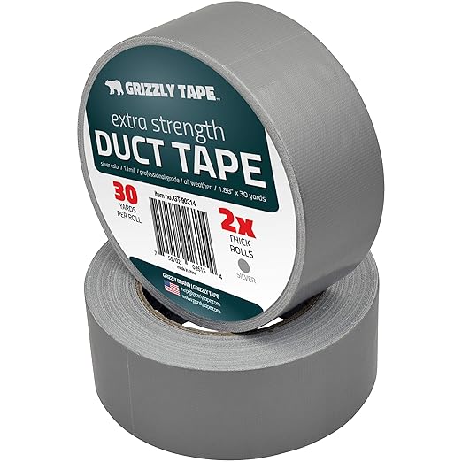 Grizzly Power Silver Duct Tape Heavy Duty (2 Pack) | Versatile Packing Tape 1.88 Inch x 30 Yards | Waterproof Tape Roll for Home Improvement, Office Use, Wrapping, Sealing, Crafting & General Repairs