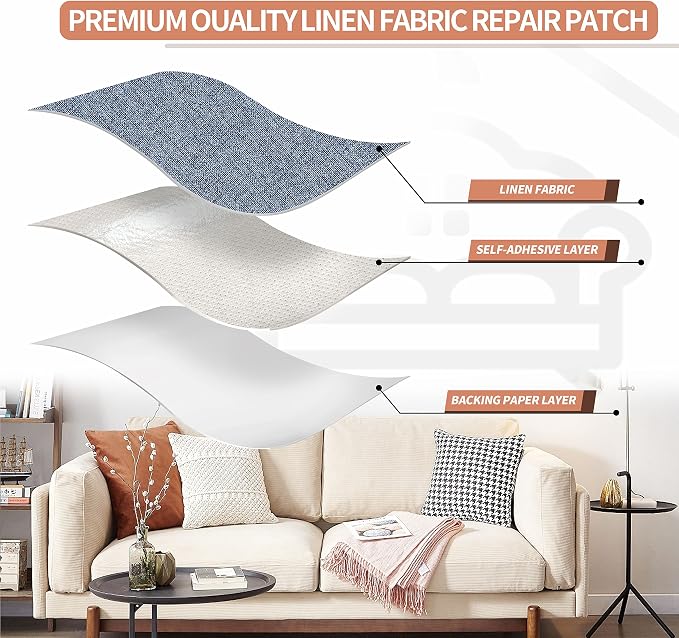 Fine Linen Repair Patches, Self-Adhesive Linen Fabric Patches, 12X40 inch Extra Size, Multi Color, Can be Used for Linen Sofa Repair (12" x 40",Blue Grey)