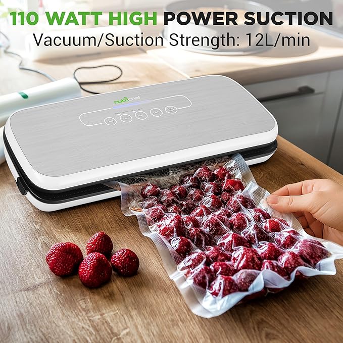 NutriChef Automatic Food Vacuum Sealer, Electric Air Sealing Preserver System for Dry and Moist Foods, LED Control, Strong Suction, Includes Bags, Wine Stopper Cork, and Air Suction Hose, 14"x6"x3"