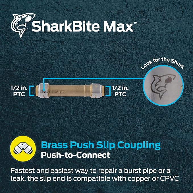 SharkBite Max 1/2 Inch Slip Coupling, Push to Connect Brass Plumbing Fitting, PEX Pipe, Copper, CPVC, PE-RT, HDPE, UR3008A