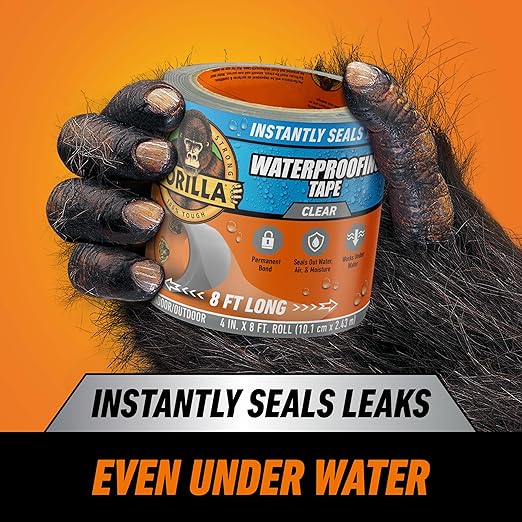 Gorilla Waterproof Patch & Seal Tape, Clear Tape, 4" x 8' (Pack of 1) - Permanent Weather Resistant Seal for Leaks and Repairs