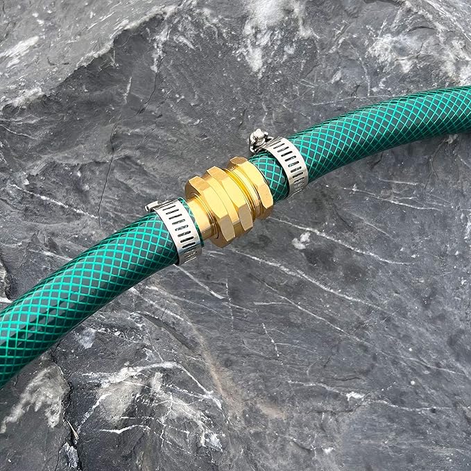 Biswing Garden Hose Repair Connector with Clamps, 5/8" Barb x 3/4" GHT Thread Aluminum Water Hose Pipe Repair Kit, Female and Male Hose Connectors with Stainless Steel Clamp, 2 Pack