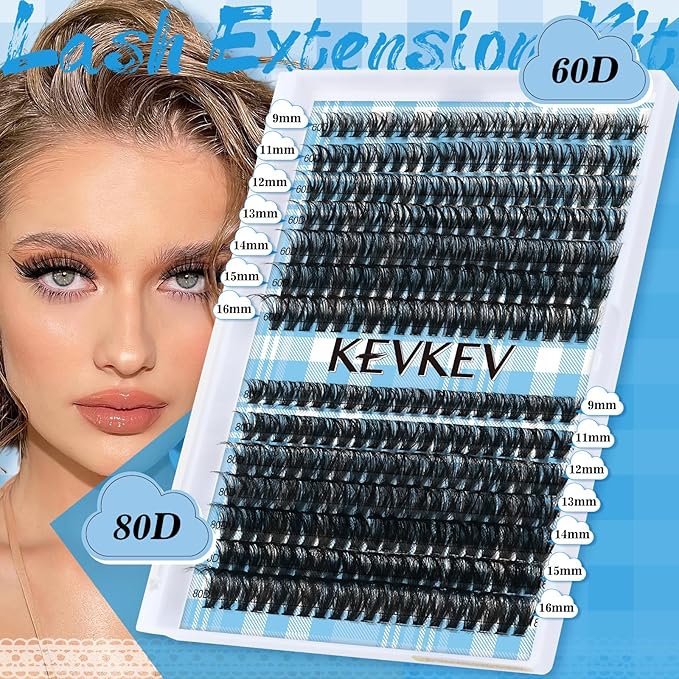 KEVKEV Lash Extension Kit 280Pcs Lash Clusters 60D+80D Eyelash Clusters Kit Individual Lashes With Lash Bond and Seal Lash Tweezers For DIY Lashes (10-18mm)