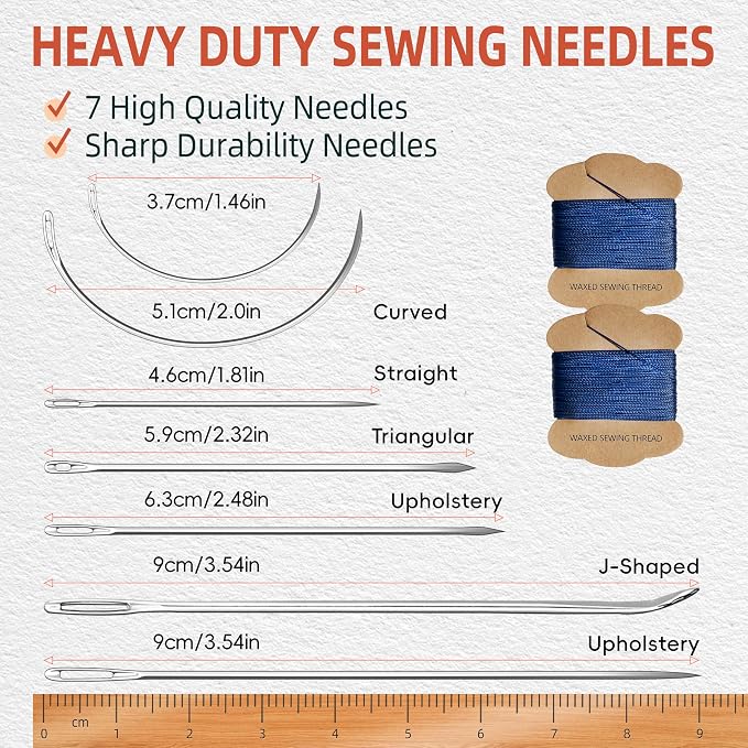 Upholstery Repair Kit: Extra Strong Waxed Sewing Thread 2 Rolls (Dark Blue) &Heavy Duty Household Hand Needles (7 PCS) for Leather, Canvas, Bookbinding & Quilting Thread