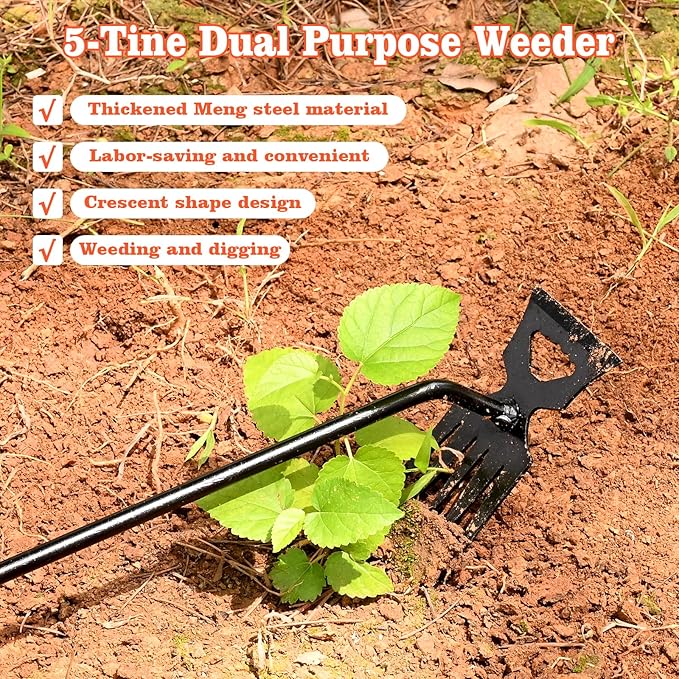 BokingOne Weed Puller Tool Garden Weed Pulling Tool, 4-Tine Manganese Steel Weeder Tool - Black Coated Forged Portable Garden Hand Weeder for Farm, Orchard & Garden (2Pack)