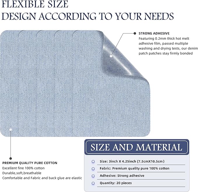 KING MOUNTAIN Iron-on Repair Patch 20 Pcs Pack,Denim Patches for Jeans Kit 3" by 4-1/4",100% Cotton Denim Iron-on Repair Patch,Jeans and Clothing Repair and Decoration Kit (Light Blue)