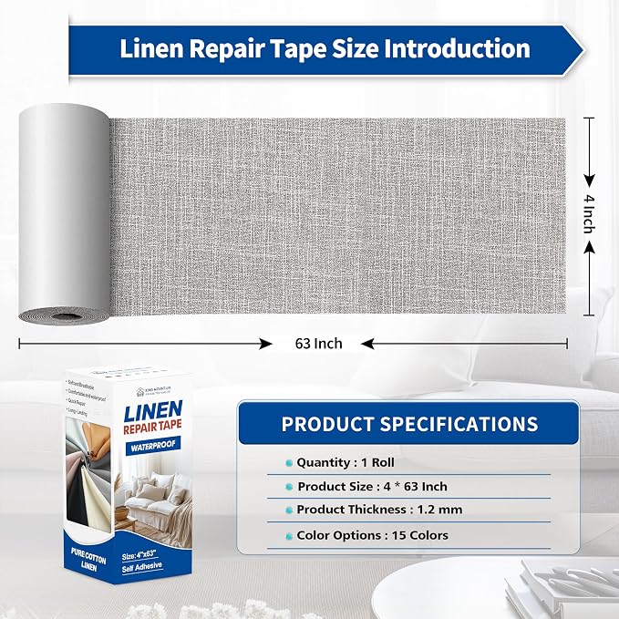 KING MOUNTAIN Linen Repair Patches, Self-Adhesive Fabric Patches, 4 X 63 inch Extra Size, Multi Color, Can be Used for Sofa Repair (Light Grey 2.0)