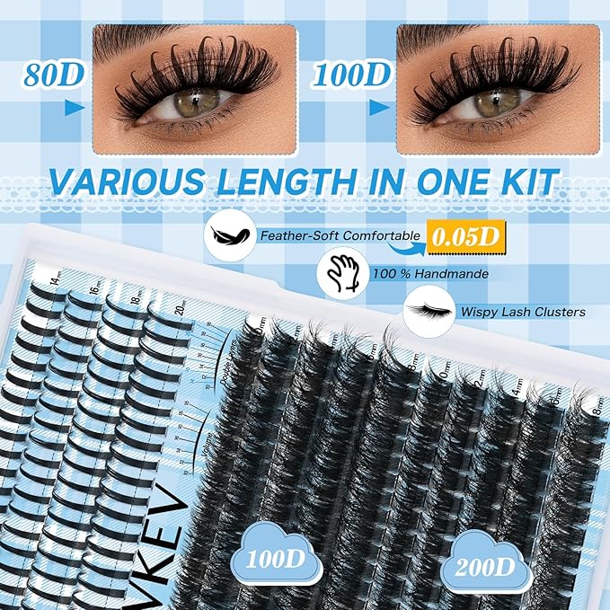 Lash Clusters Kit 80D+100D Lash Clusters with Spikes 3D Volume Eyelash Clusters Lash Extension Kit With Lash Bond And Seal Lash Tweezers （80D+100D,10-18mm)