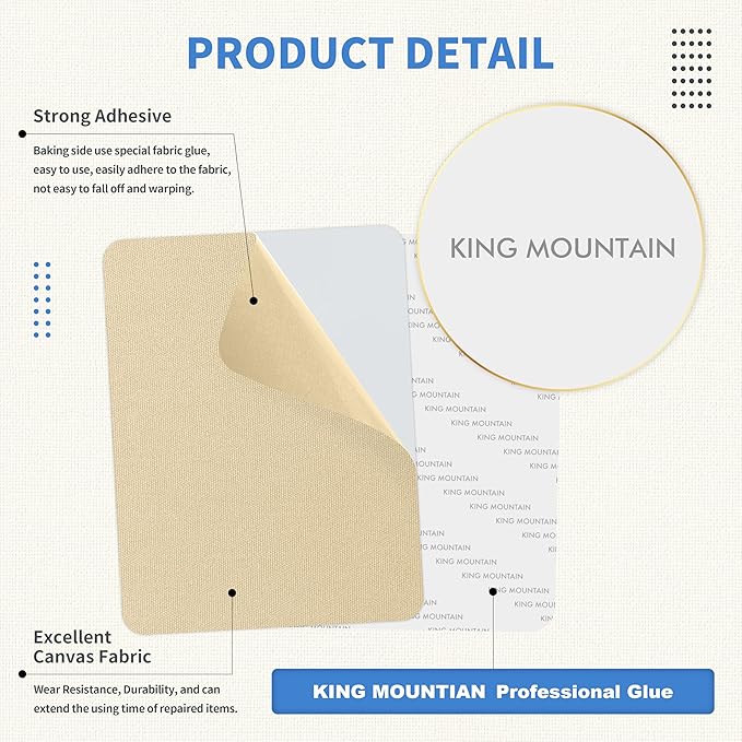KING MOUNTAIN Canvas Repair Patch 5×8 Inch 8 Pcs Self-Adhesive Waterproof Fabric Patch for Sofas, Tents, Furniture,Tote Bags, Car Seats (Khaki)