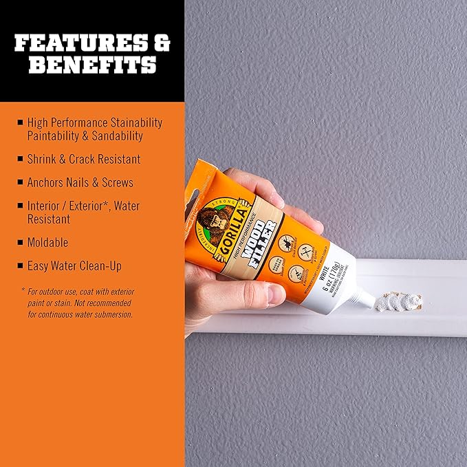 Gorilla All Purpose Wood Filler, White Wood Filler, 6 Ounce Tube (Pack of 2) - Water Resistant for Indoor or Outdoor Projects and Repairs
