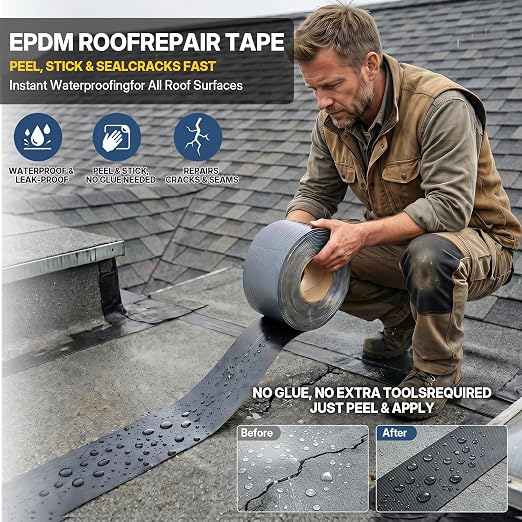 65.6ft X 4in EPDM Rubber Roofing Seam Tape, Self Adhesive Butyl Sealant Tape Waterproof Sealing Tape for Roof Patch & Repair, Peel and Stick Roofing Patch for RV, Pipe, Window Sill, Boat Sealing