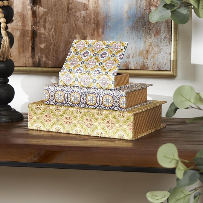 Deco 79 Canvas Decorative Box Storage Book Book Shaped Boxes with Arabesque Pattern and Gold Page Inspired Detail, Set of 3 Decorative Keepsake Boxes 12", 10", 8"H, Multi Colored