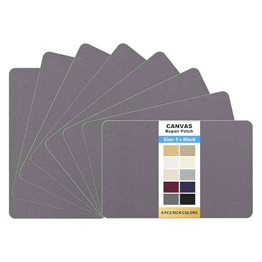 KING MOUNTAIN Canvas Repair Patch, 5×8 Inches 8pcs Self-Adhesive Waterproof Fabric Patch for Sofas, Tents, Furniture,Tote Bags, Car Seats (Grey)