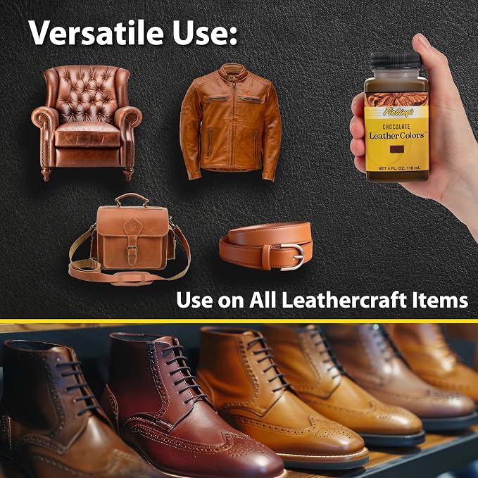 Fiebing's LeatherColors (4 Fl Oz, Chocolate) - Leather Dye for Natural Leather - Water-Based, Non-Flammable Formula - Permanent & Penetrating Color for Shoes, Boots, Furniture - Safe for Institutions