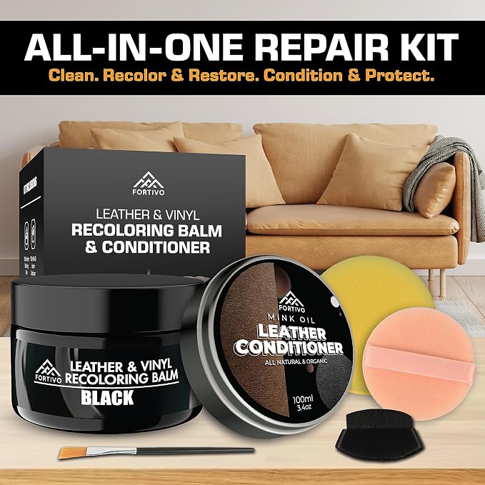 FORTIVO Leather Recoloring Balm with Mink Oil, Couch Repair Kit, Leather Dye and Restorer for Furniture - Black