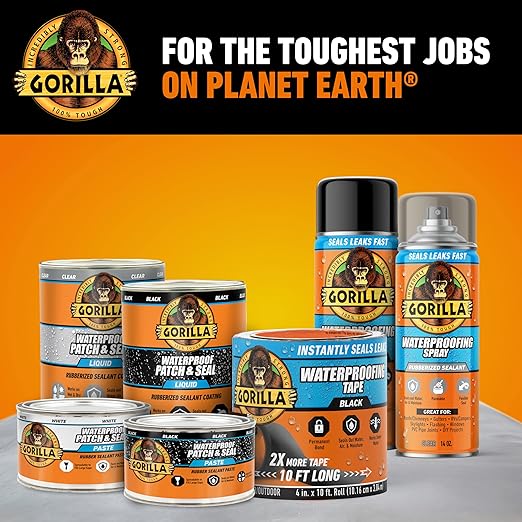 Gorilla Waterproof Patch & Seal Tape, White Tape, 4" x 10' (Pack of 4) - Permanent Weather Resistant Seal for Leaks and Repairs