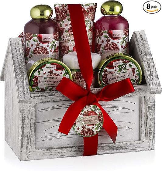 Christmas Gifts from Son, Home Spa Gift Basket, 8pc Bath & Body Set for Women & Men, ExoticPomegranate Scent, Shower Gel,Bubble Bath, Lotion, Bath Salt, Body Scrub, Towel, Cosmetic Bag &Wood Case