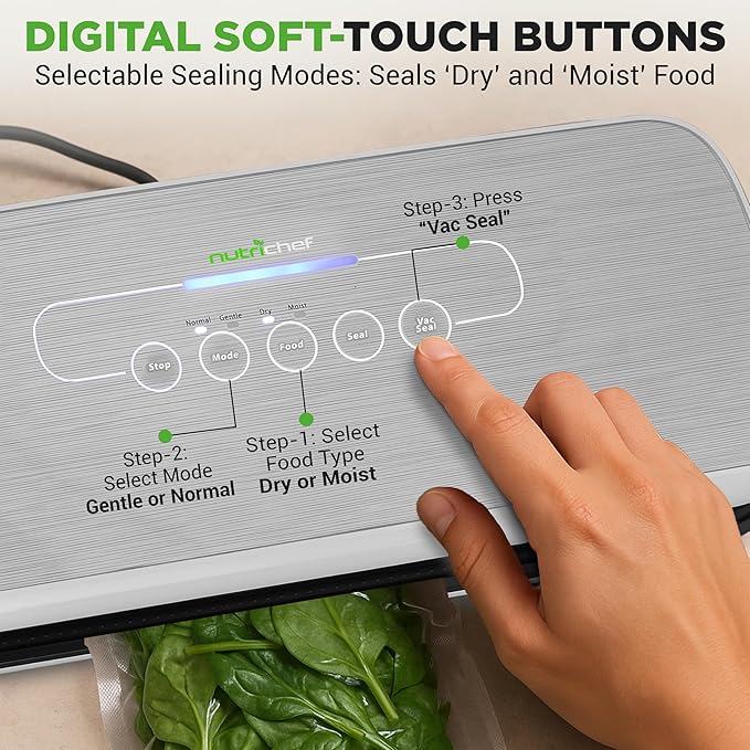 NutriChef Automatic Food Vacuum Sealer, Electric Air Sealing Preserver System for Dry and Moist Foods, LED Control, Strong Suction, Includes Bags, Wine Stopper Cork, and Air Suction Hose, 14"x6"x3"