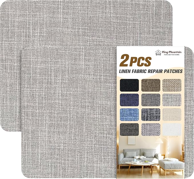 KING MOUNTAIN Fine Linen Fabric Patches, Self-Adhesive, 8x11 inch, 2 PCS, Multi Color, for Linen Sofa Repair (Light Grey 2.0)