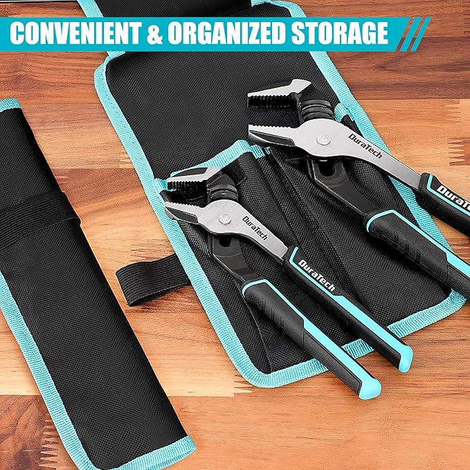 DURATECH 2-Piece Groove Joint Pliers Set with Rolling Pouch, 10 & 8-Inch Adjustable Water Pump Pliers, Straight Jaw Tongue and Groove Pliers for Home Repair, Gripping, Pipe & Fittings