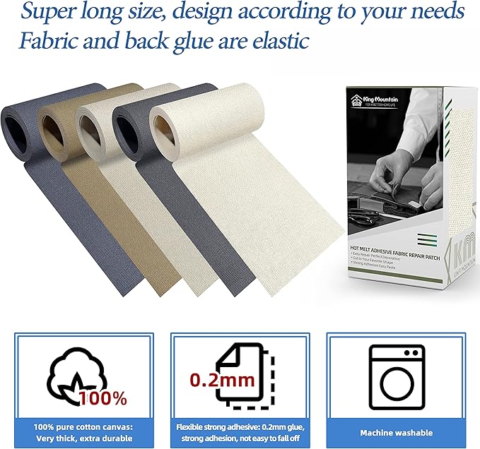 KING MOUNTAIN Canvas Iron on Patch,3"×60",Waterproof 100% Cotton Fabric Repair Patch,Used for Various Sofa,Tent,Clothes,Seats,Suitcases (Beige White)